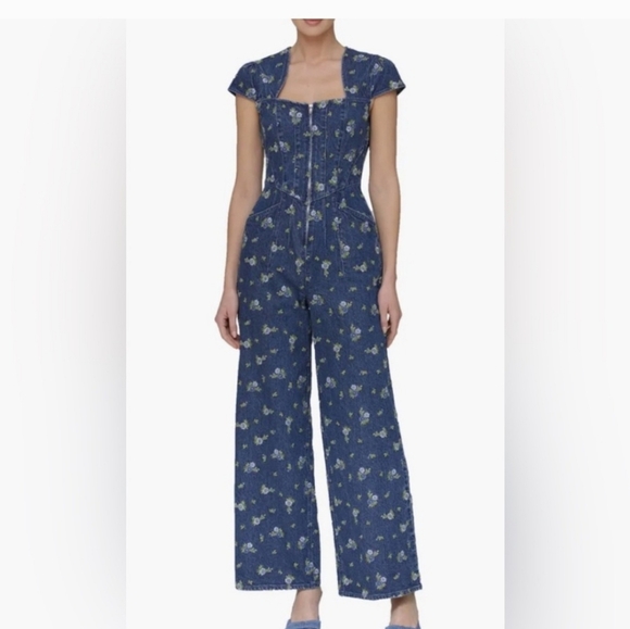 Avec Les Filles Pants - Avec Les Filles Blue Floral Denim